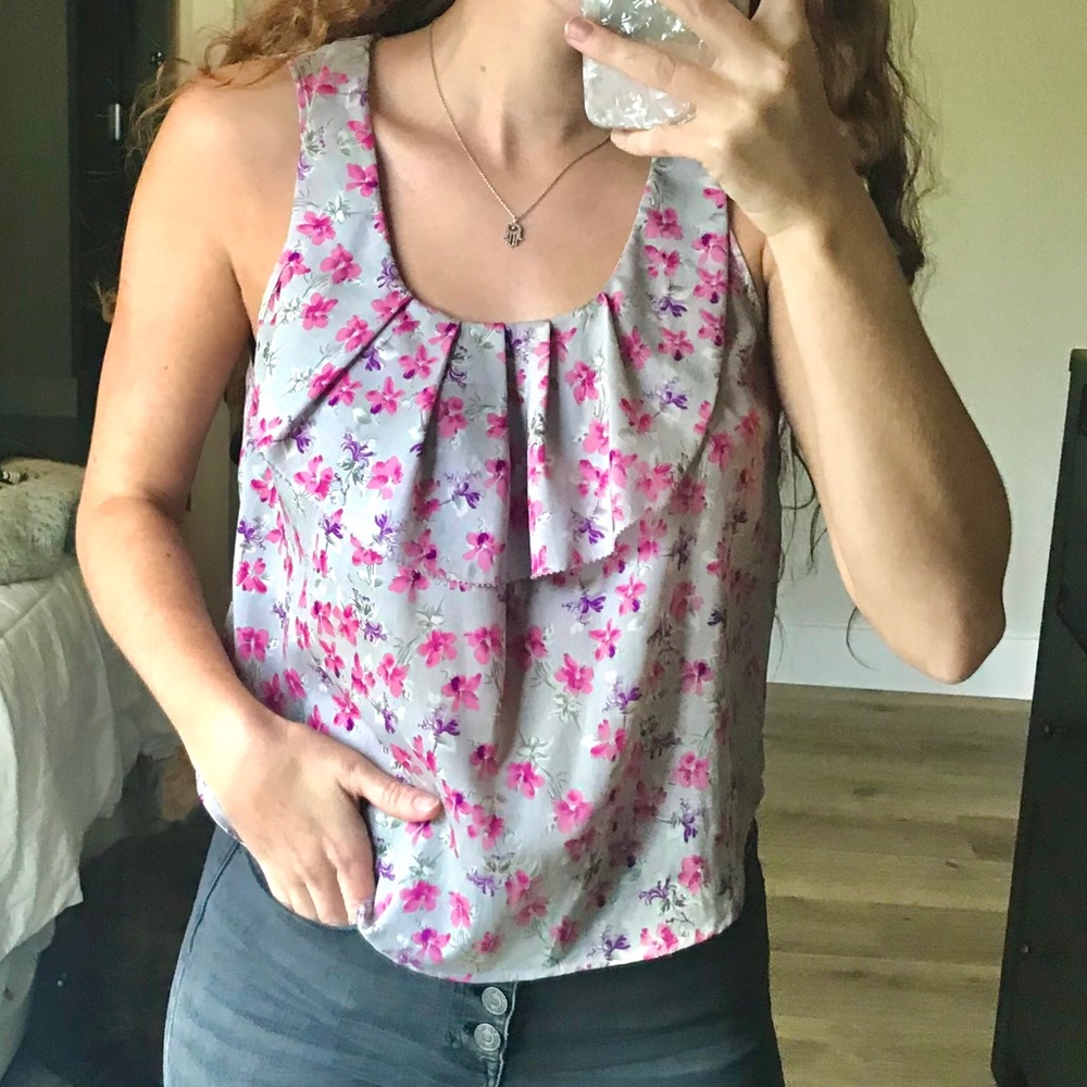 Floral Tank - Tan & Pink Small
